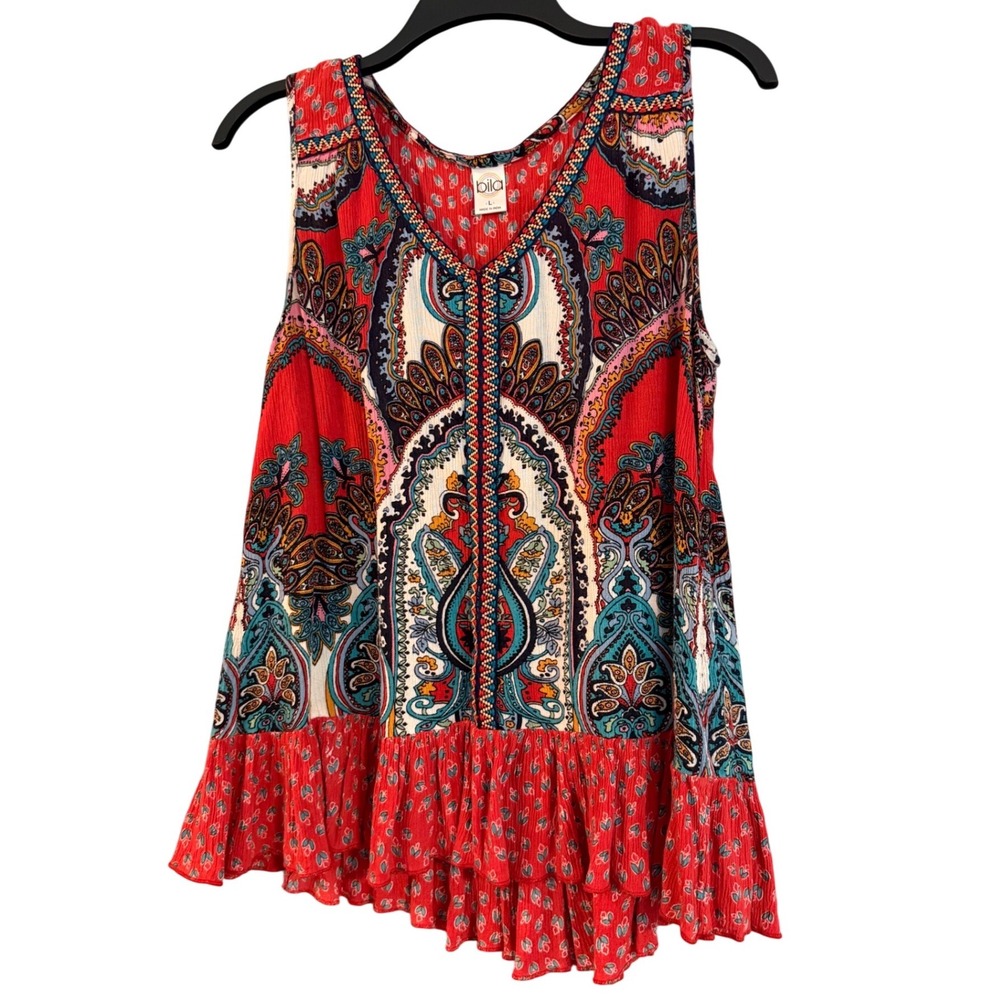 Bila Tank Top Womens Large Red Excellent Paisley Ruffle Hem Boho Rayon